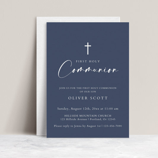 Navy blue boy first holy communion invitation template with white cross and elegant calligraphy script, editable in Canva