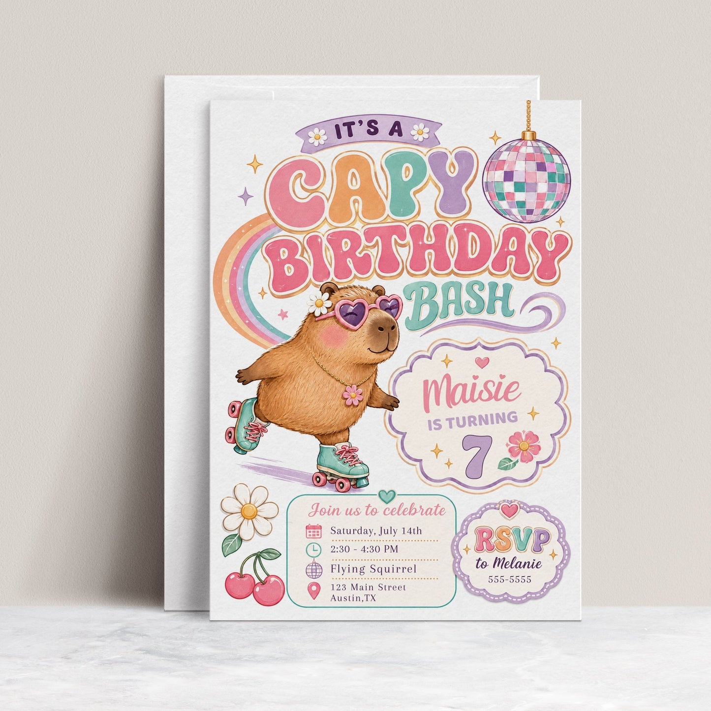 Capybara birthday invitation with roller skates, heart sunglasses, disco ball, rainbow, daisies, cherries, and colorful retro girl birthday party details