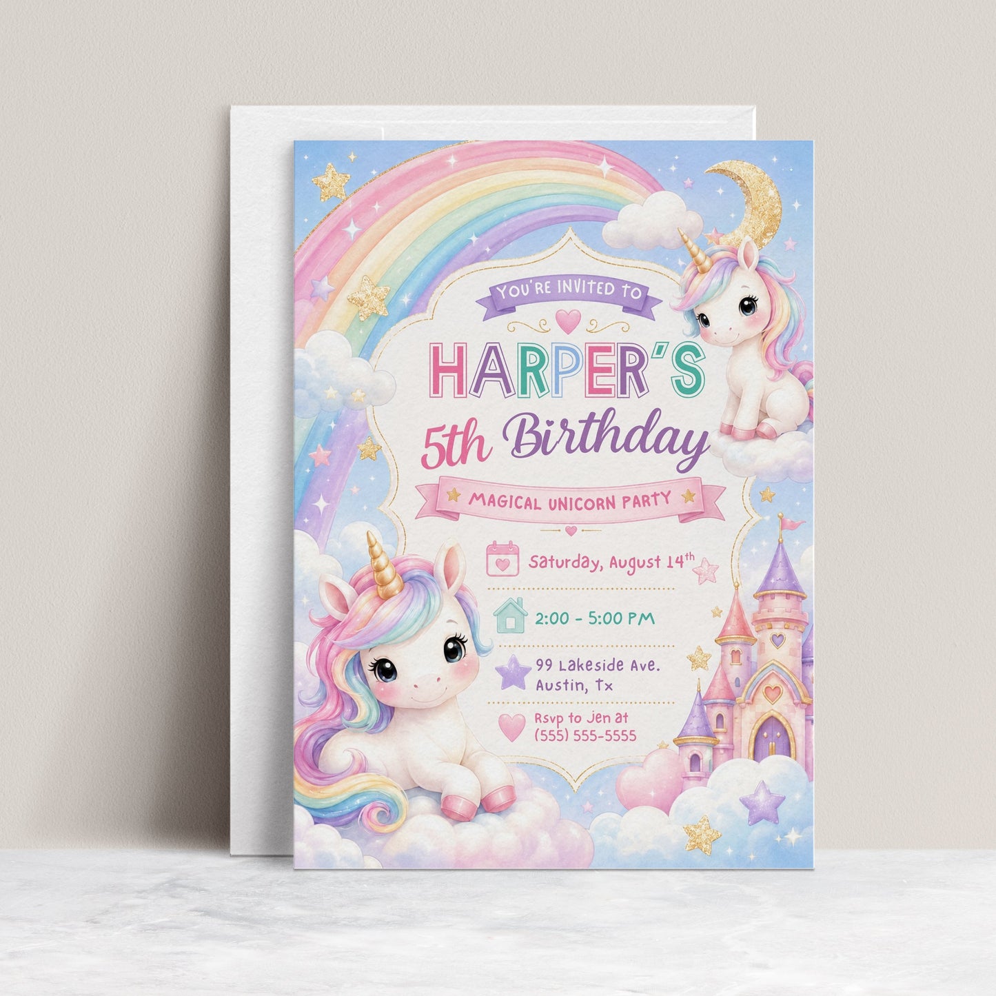 Unicorn fifth birthday invitation featuring pastel unicorns, a rainbow, fluffy clouds, gold stars, crescent moon and pink fairytale castle.
