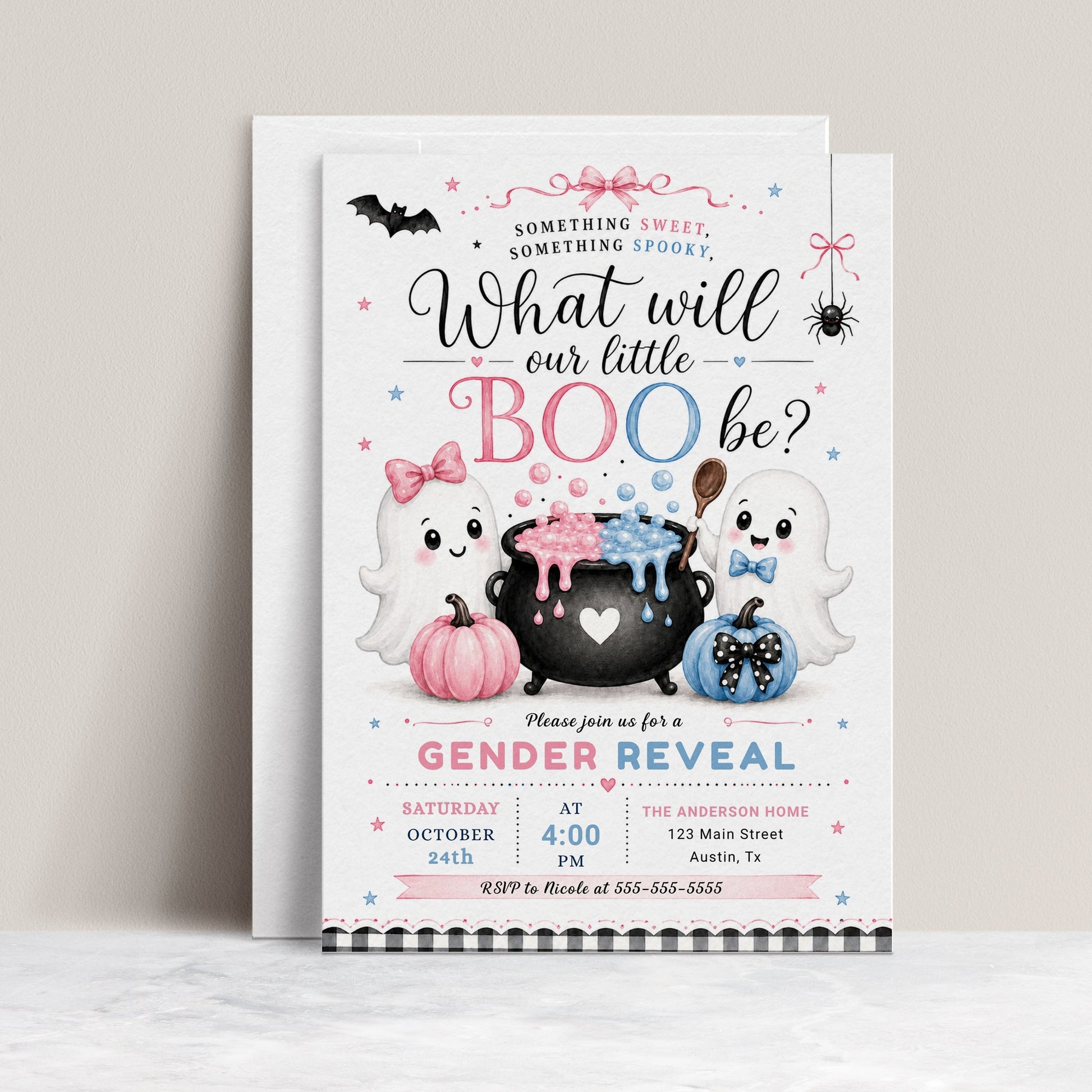 Halloween gender reveal invitation with cute ghosts, pink and blue pumpkins, bubbling cauldron, bats, spider, bows, stars, and pink blue little boo details