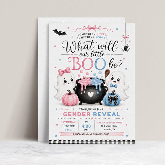 Halloween gender reveal invitation with cute ghosts, pink and blue pumpkins, bubbling cauldron, bats, spider, bows, stars, and pink blue little boo details