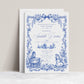 Blue toile baby shower invitation with royal blue floral border, bow, baby carriage, rocking horse, countryside scene, and elegant vintage details