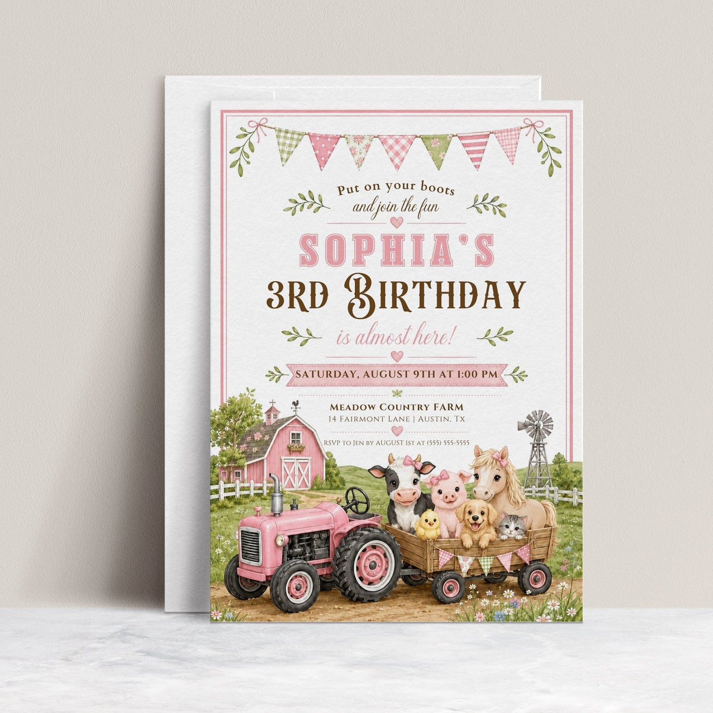 Girls farm birthday invitation featuring a pink tractor, pink barn, wagon, cow, pig, pony, chick and floral bunting.