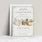 Editable homegrown baby shower invitation Canva template with watercolour baby overalls, daisy basket, carrots, market tote, sage gingham background, and olive branch accents
