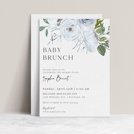 Pastel blue floral baby brunch invitation template with watercolor roses and ranunculus in dusty blue and white with green botanicals, editable in Canva