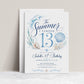 The summer I turned 13 birthday invitation with blue watercolor waves, seashells, starfish, sand dollar, bubbles, seaweed, and elegant coastal details