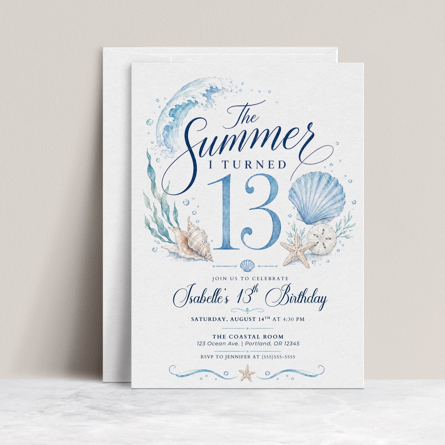 The summer I turned 13 birthday invitation with blue watercolor waves, seashells, starfish, sand dollar, bubbles, seaweed, and elegant coastal details
