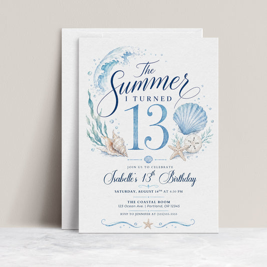 The summer I turned 13 birthday invitation with blue watercolor waves, seashells, starfish, sand dollar, bubbles, seaweed, and elegant coastal details