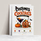 Costumes and Cocktails Halloween invitation with purple cocktail, jack-o-lantern copper mug, pumpkin, orange slices, bats, greenery, and adult Halloween party details