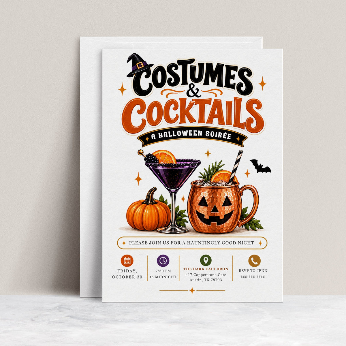 Costumes and Cocktails Halloween invitation with purple cocktail, jack-o-lantern copper mug, pumpkin, orange slices, bats, greenery, and adult Halloween party details