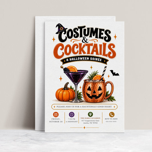 Costumes and Cocktails Halloween invitation with purple cocktail, jack-o-lantern copper mug, pumpkin, orange slices, bats, greenery, and adult Halloween party details