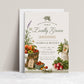 Farmers market baby shower invitation with a basket of heirloom tomatoes, peaches, and fresh herbs in sage green and cream