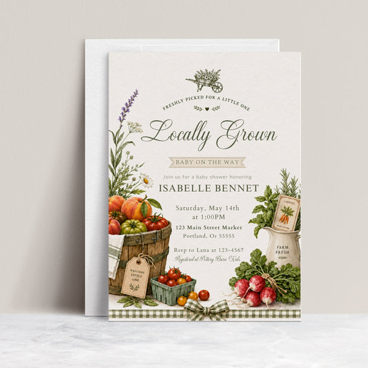Farmers market baby shower invitation with a basket of heirloom tomatoes, peaches, and fresh herbs in sage green and cream