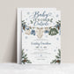 Editable Baby It's Cold Outside baby shower invitation template with snowflakes, pine branches, and blue bows