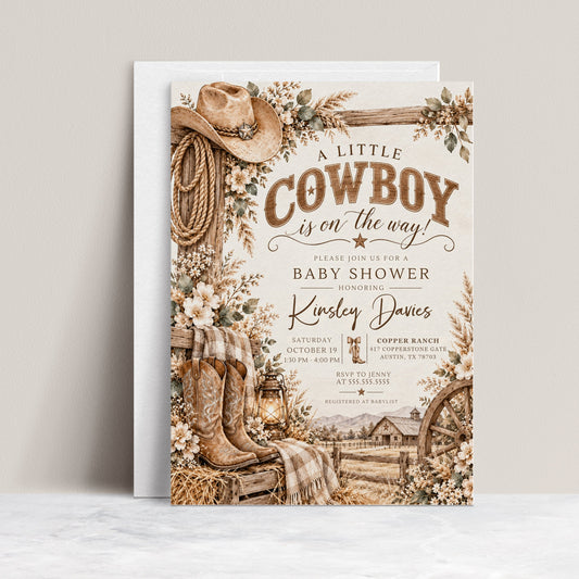 Cowboy baby shower invitation with western boots, cowboy hat, rope, lantern, rustic barn, wagon wheel, and neutral florals in brown tones