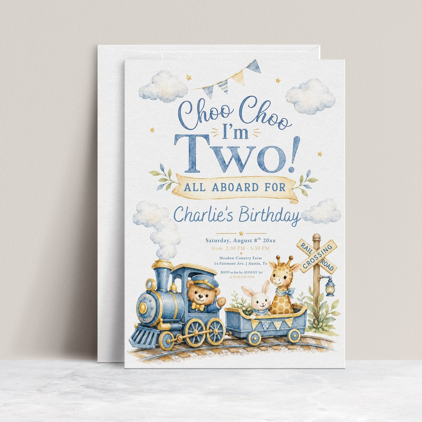 Soft blue and gold choo choo train birthday invitation featuring a teddy bear conductor, giraffe, and bunny.
