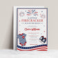 Editable firecracker baby shower invitation Canva template with illustrated fireworks, striped navy onesie, red and navy sneakers, stars and stripes banner, and bold patriotic typography on a white background