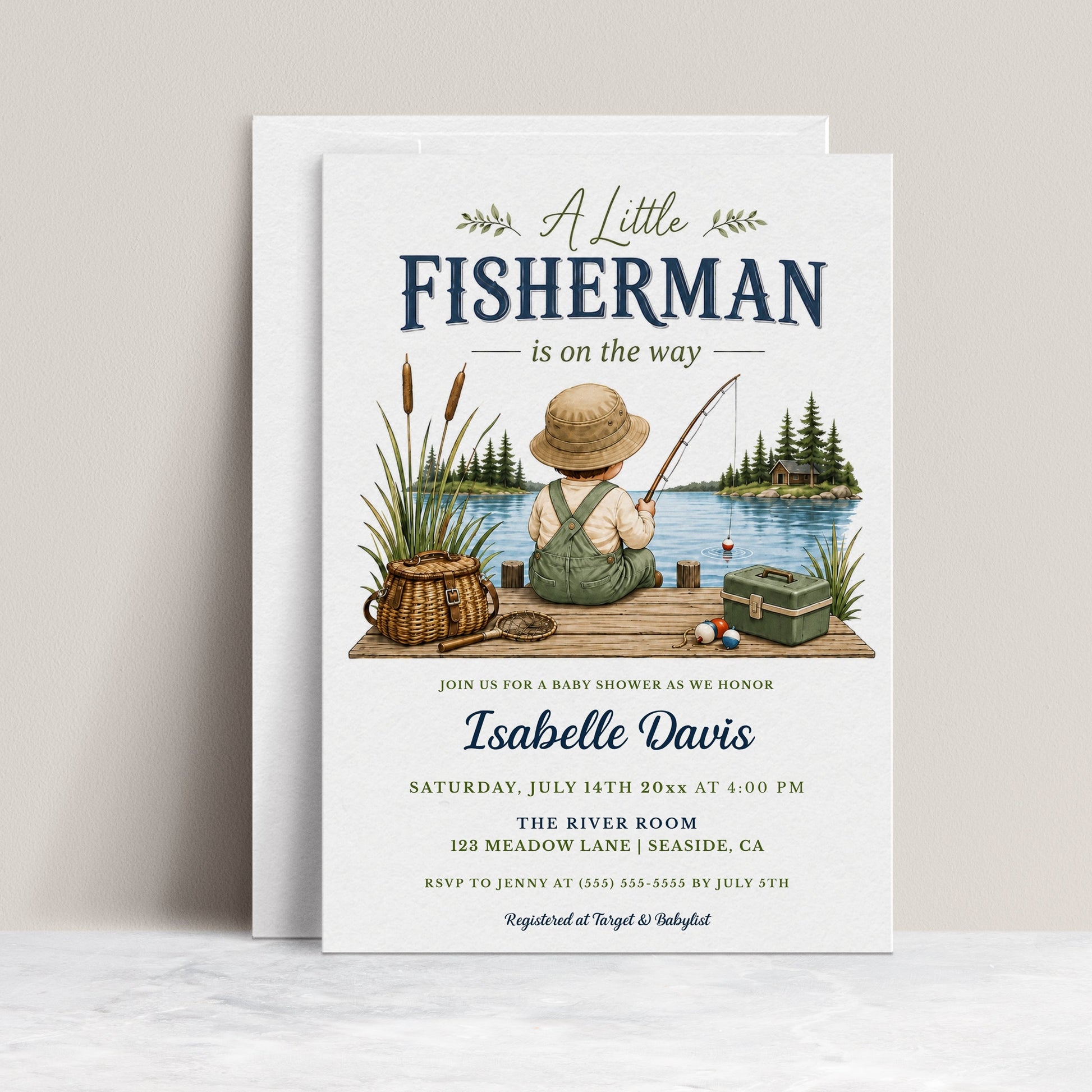 Gone fishing baby shower invitation with a little boy fishing on a dock by a lake in navy and green