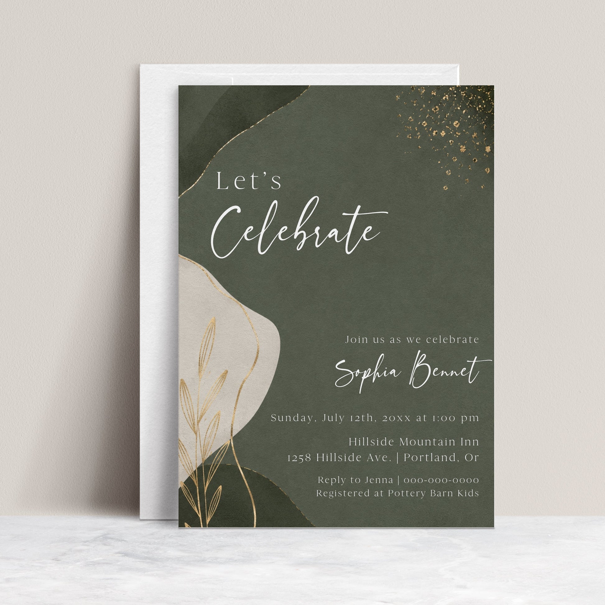 Editable sage green and gold birthday invitation Canva template with abstract shapes, cream botanical accent, gold foil scatter details, and script typography