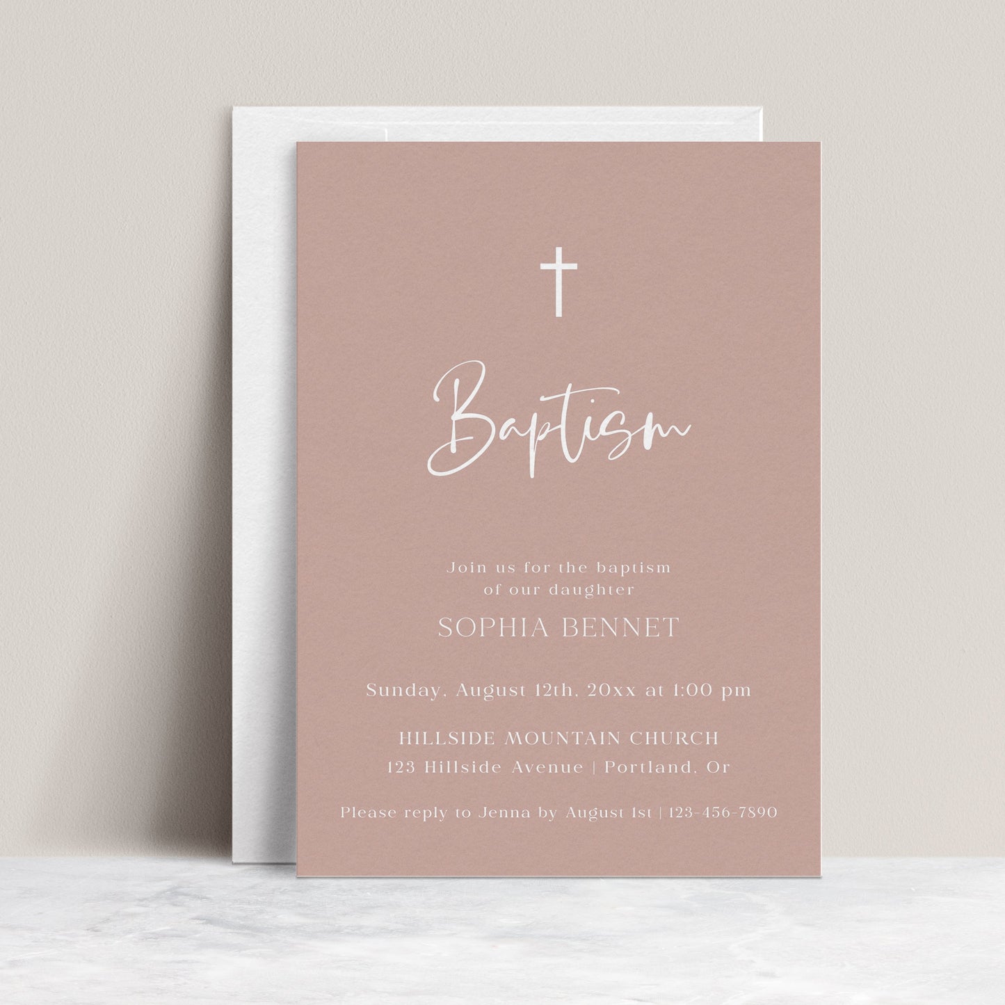 Pink dusty rose girl baptism invitation template with white cross and elegant script typography, editable in Canva