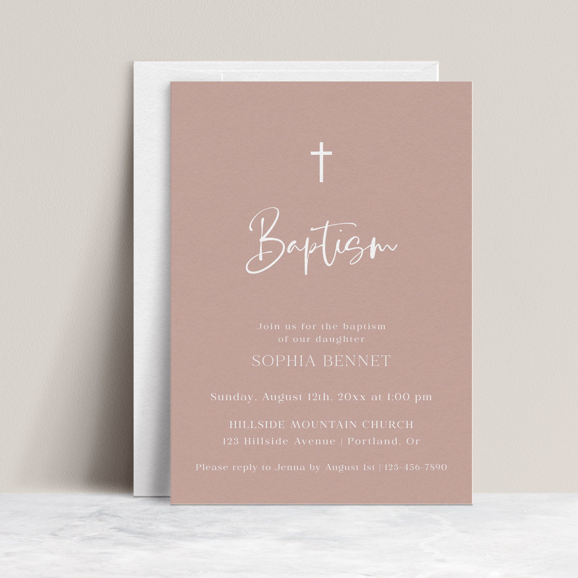 Pink dusty rose girl baptism invitation template with white cross and elegant script typography, editable in Canva