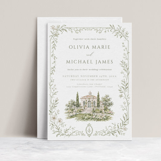Garden estate wedding invitation template with watercolor estate illustration, delicate sage botanical vine border and elegant typography, editable in Canva