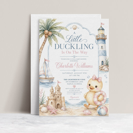 Beach duckling baby shower invitation with baby duck, pink bow, sailboat, lighthouse, sandcastle, seashells, starfish, ocean waves, and soft pastel girl shower details