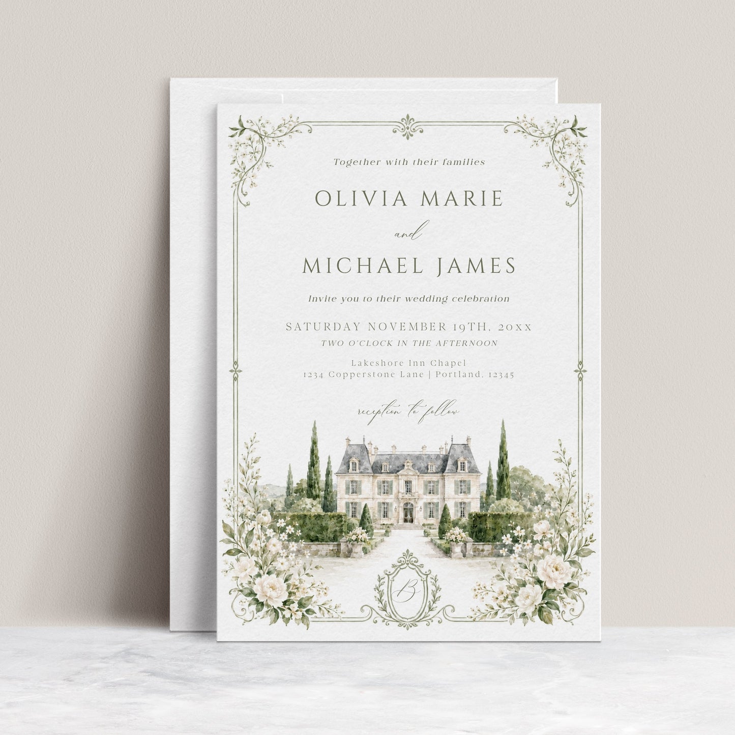 Elegant European style wedding invitation template with watercolor stone building illustration, cypress trees, and sage green ornate monogram border, editable in Canva
