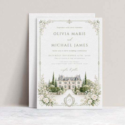Elegant European style wedding invitation template with watercolor stone building illustration, cypress trees, and sage green ornate monogram border, editable in Canva