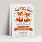 Fox baby shower invitation with two cute baby foxes, leafy greenery, hearts, orange banner, playful woodland details, and warm orange brown accents