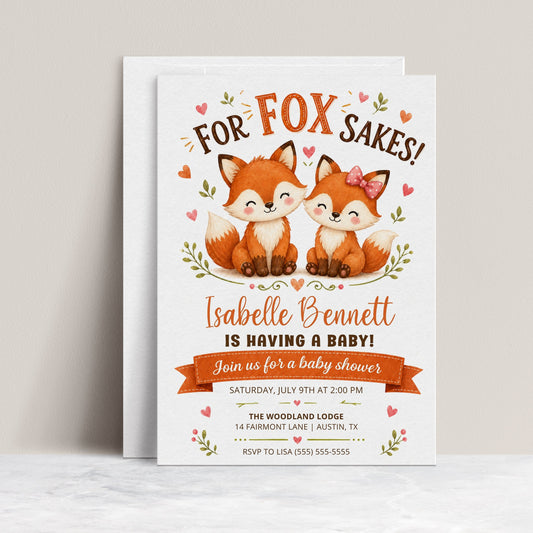 Fox baby shower invitation with two cute baby foxes, leafy greenery, hearts, orange banner, playful woodland details, and warm orange brown accents