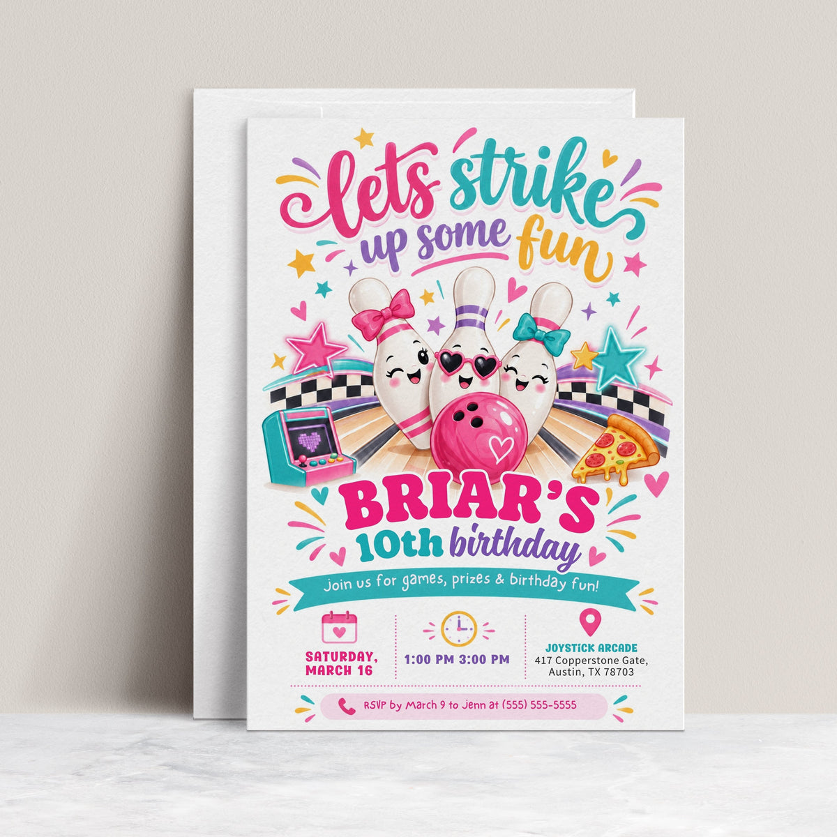 Bowling birthday invitation for a girl’s 10th birthday with smiling bowling pins, pink and teal bows, heart sunglasses, a pink bowling ball, arcade machine, and pizza