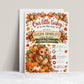 Fall baby shower invitation with Our Little Turkey Is on the Way wording, a cute turkey, pumpkins, orange gingham bow, and autumn leaves