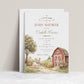 Little farm baby shower invitation with red barn, apple tree, piglet, hay bale, flower cart, rolling hills, fence, wildflowers, and soft farmhouse details