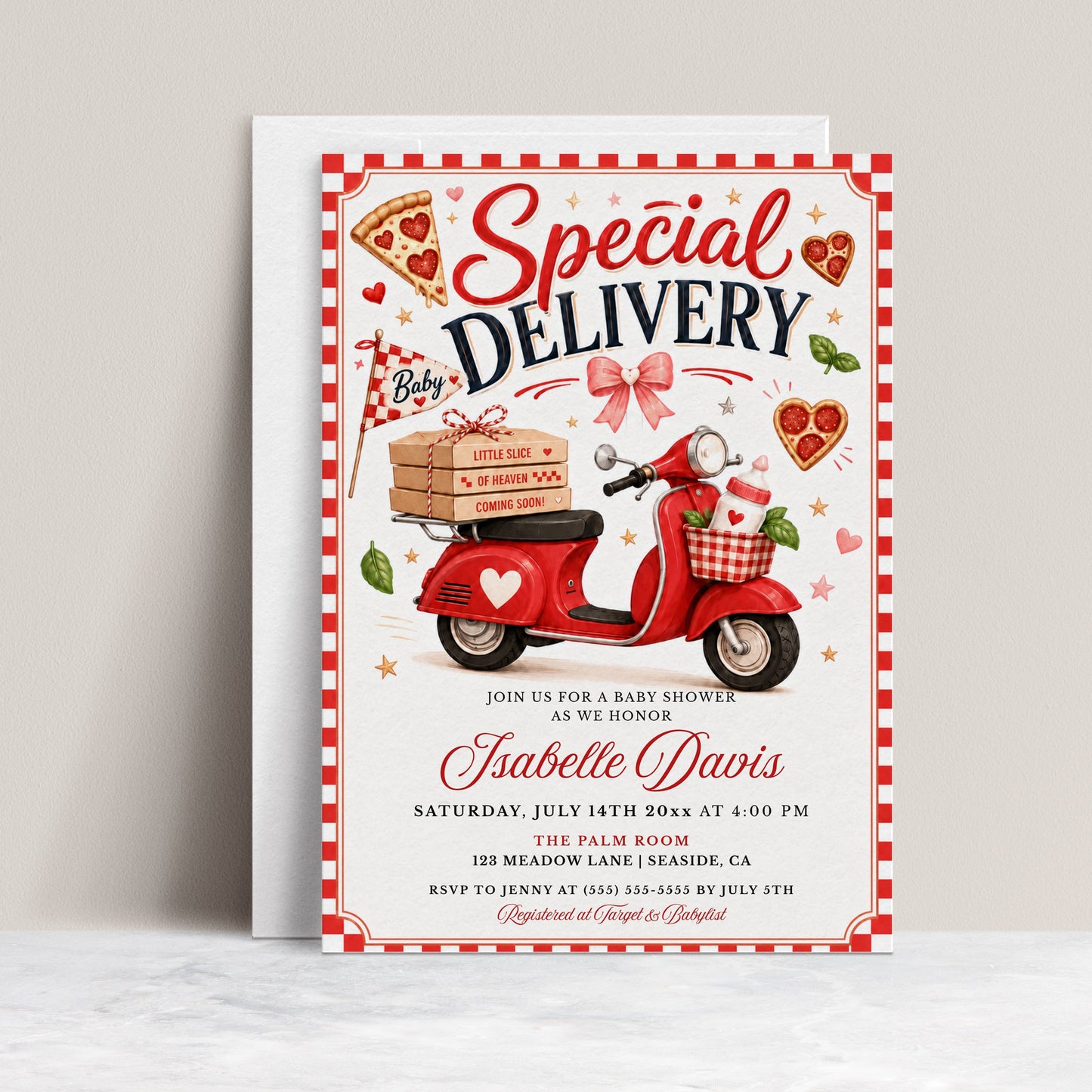 Editable pizza baby shower invitation Canva template with retro Italian pizzeria style, red scooter, pizza boxes, heart shaped pizza, red gingham border, and bold red and navy typography on a cream background