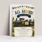 Train birthday party invitation with a vintage steam train, gifts, and bunting in navy, green, and gold