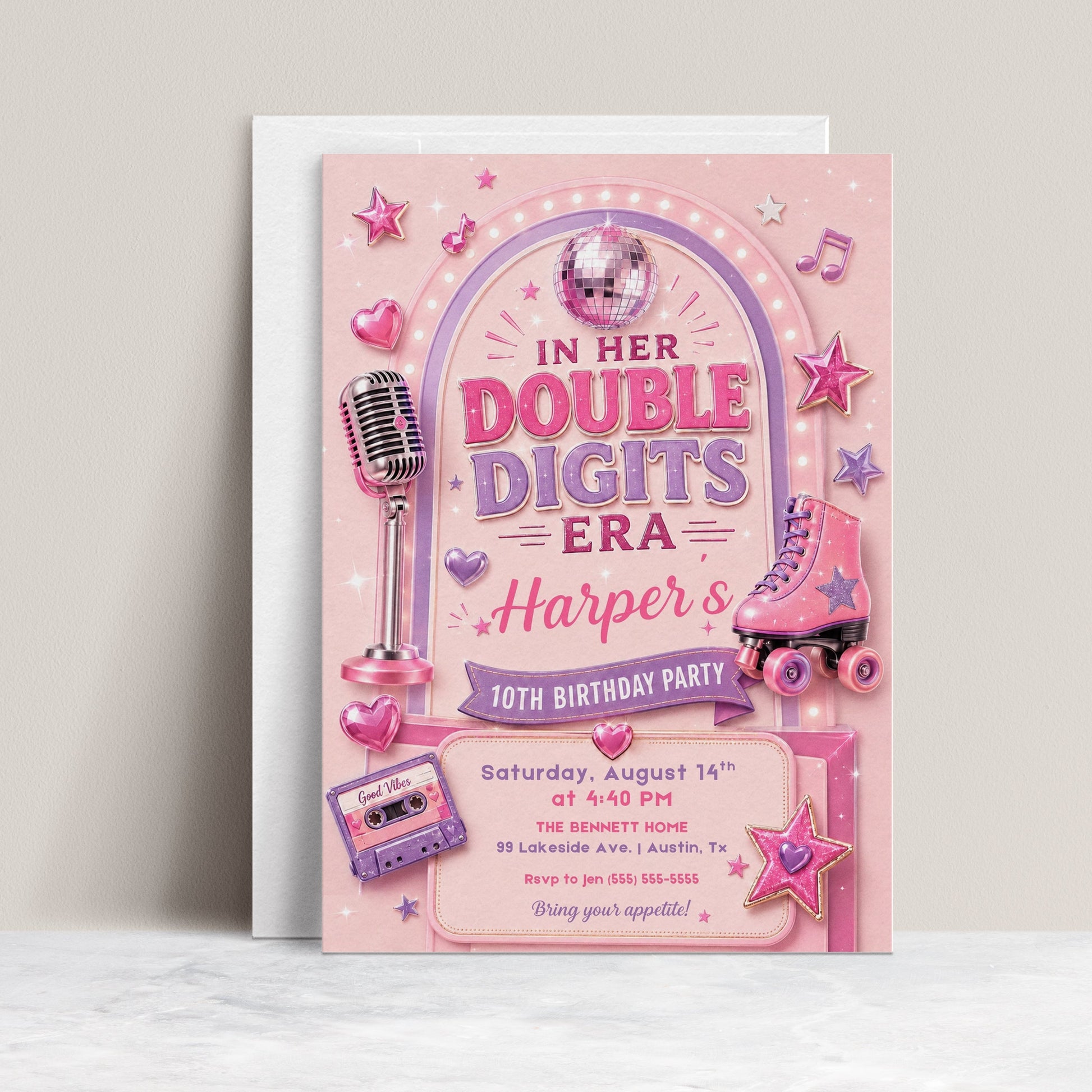 Double Digits Era 10th birthday invitation in pink and purple featuring a disco ball, microphone, roller skate, cassette tape, hearts and stars.