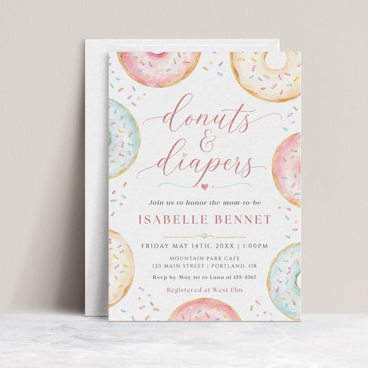 Editable donuts and diapers baby shower invitation Canva template with watercolour pastel donuts, rainbow sprinkles, and script typography on a white background