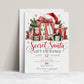 Secret Santa gift exchange invitation with red, green, and pink wrapped presents, oversized ribbon bows, a Santa hat, evergreen sprigs, holly berries, and gold stars