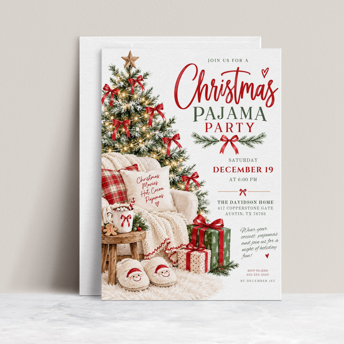 Christmas pajama party invitation with a lighted Christmas tree, red bows, cozy armchair and blanket, hot cocoa, wrapped gifts, and fluffy Santa slippers