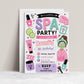 Spa party birthday invitation with nail polish, face mask, robe, cucumber slices, lotion, sugar scrub, makeup brush, hearts, and pink purple teal details