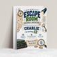 Escape room birthday invitation with vintage keys, compass, flashlight, treasure map clues, fingerprint magnifier, books, and puzzle pieces for a tween party