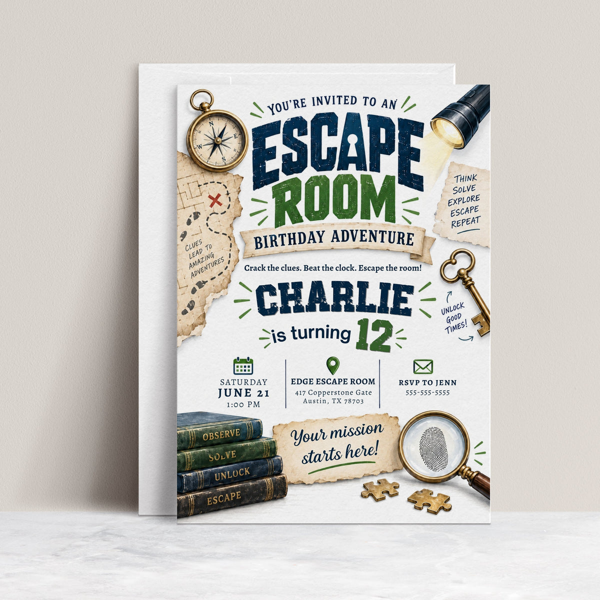Escape room birthday invitation with vintage keys, compass, flashlight, treasure map clues, fingerprint magnifier, books, and puzzle pieces for a tween party