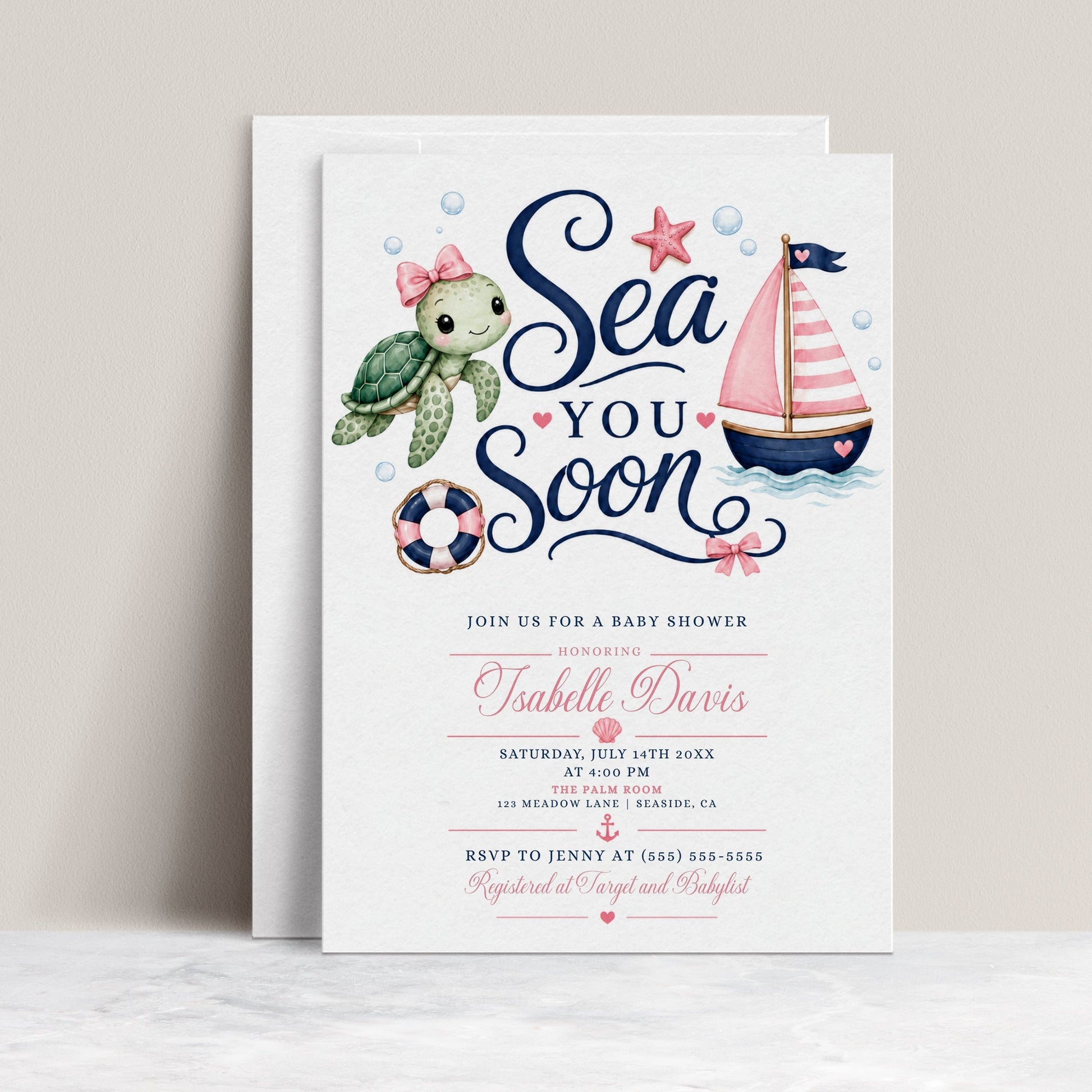 Editable pink nautical girl baby shower invitation Canva template with watercolour sea turtle with pink bow, pink striped sailboat, navy and pink life ring, starfish, and bold navy script with pink calligraphy on a white background