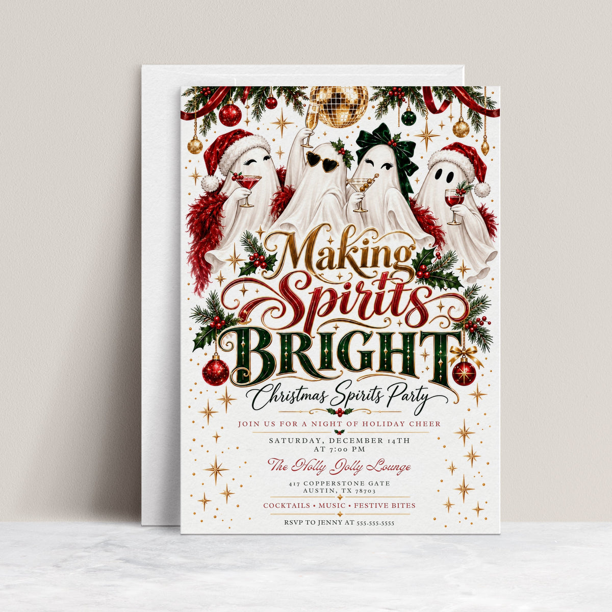 Christmas cocktail party invitation with four ghosts holding cocktails, Santa hats, a green bow, gold disco ball, and red and green Making Spirits Bright lettering