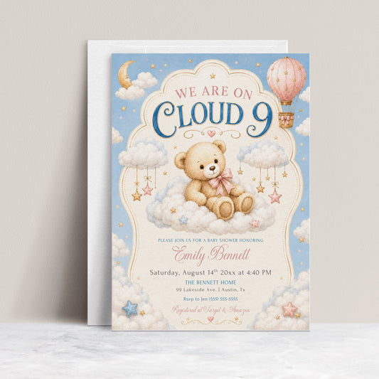 Cloud 9 baby shower invitation with a teddy bear on a cloud, hot air balloon, and stars in soft blue, pink, and gold