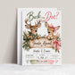 Buck or Doe gender reveal invitation with an antlered deer in a green bandana, a doe wearing a pink bow, rustic wooden sign, greenery, and pink and green ribbons