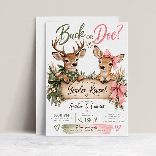 Buck or Doe gender reveal invitation with an antlered deer in a green bandana, a doe wearing a pink bow, rustic wooden sign, greenery, and pink and green ribbons