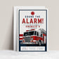 Sound the Alarm firetruck birthday invitation featuring a realistic red ladder fire engine with bold red, white and navy details.