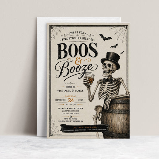 Boos and booze Halloween party invitation with dapper skeleton holding a drink, bats, spiderwebs, vintage typography, barrel, and black gold spooky details